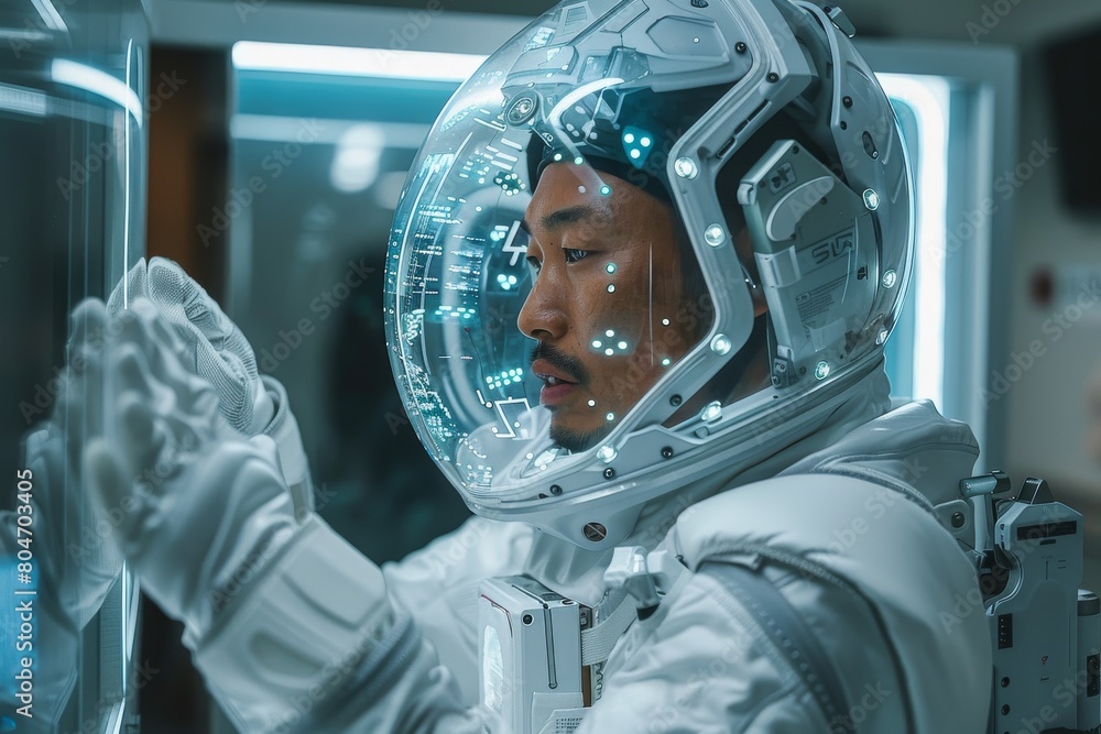 Poster an astronaut in advanced space gear is focused on analyzing information or data with a visor display