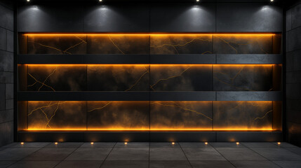 A black room with orange lighting and a wall of shelves