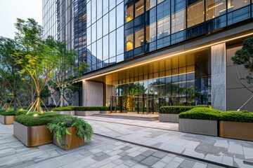 Fototapeta premium exterior front view of a modern architectural building with glass and concrete Generative AI