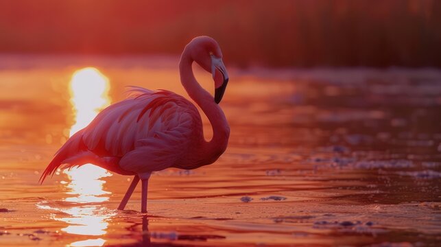 The serene silhouette of a flamingo set against a fiery sunset, reflecting on tranquil water for a peaceful end to the day