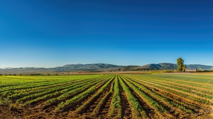 Expansive farm landscape with neat rows of crops under the endless blue sky showcasing nature and agriculture harmony