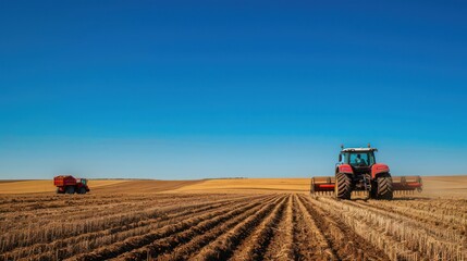 Fototapeta premium Two red tractors plowing through the field after harvest, signifying the end of the growing season