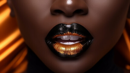 Black lips. Halloween Makeup. Luxury beautiful woman with dark lipstick.