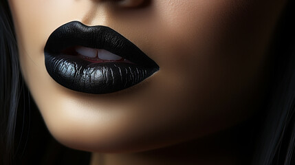 Black lips. Halloween Makeup. Luxury beautiful woman with dark lipstick.