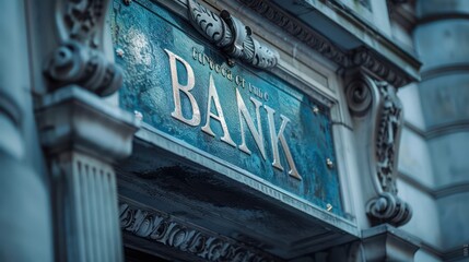 Obraz premium An exquisite image focusing on the deep blue 'Trust thy Bank' sign, resonating the classic and secure feeling of traditional banks