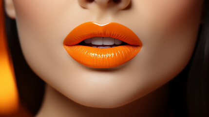Macro and close-up creative make-up theme: beautiful female lips with black and orange lipstick and a drop of blood, halloween