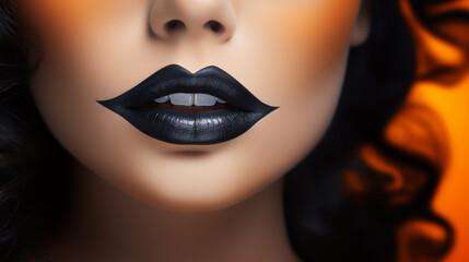 Fototapeta premium Macro and close-up creative make-up theme: beautiful female lips with black and orange lipstick and a drop of blood, halloween