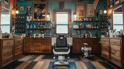 A spacious old-style barbershop, showing wooden cabinets, a barber chair, and framed pictures on the wall
