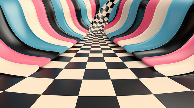 A checkered floor with a spiral of colorful chairs