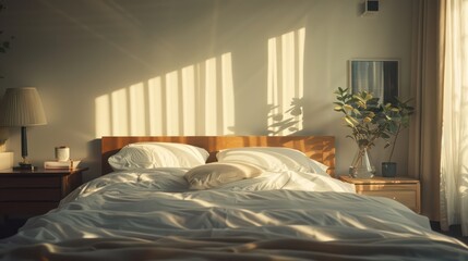 Morning light fills a peaceful bedroom, highlighting a comfortable, inviting bed ready for rest