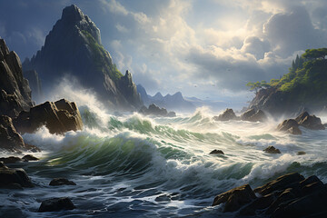 A serene coastal scene with rocky cliffs overlooking crashing waves under a dramatic sky, isolated...