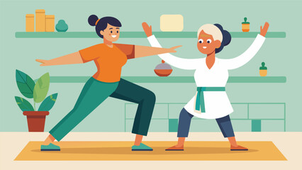 Fototapeta premium With her physical the by her side a stroke survivor practices her balance and coordination in a modified karate class building strength and confidence. Vector illustration