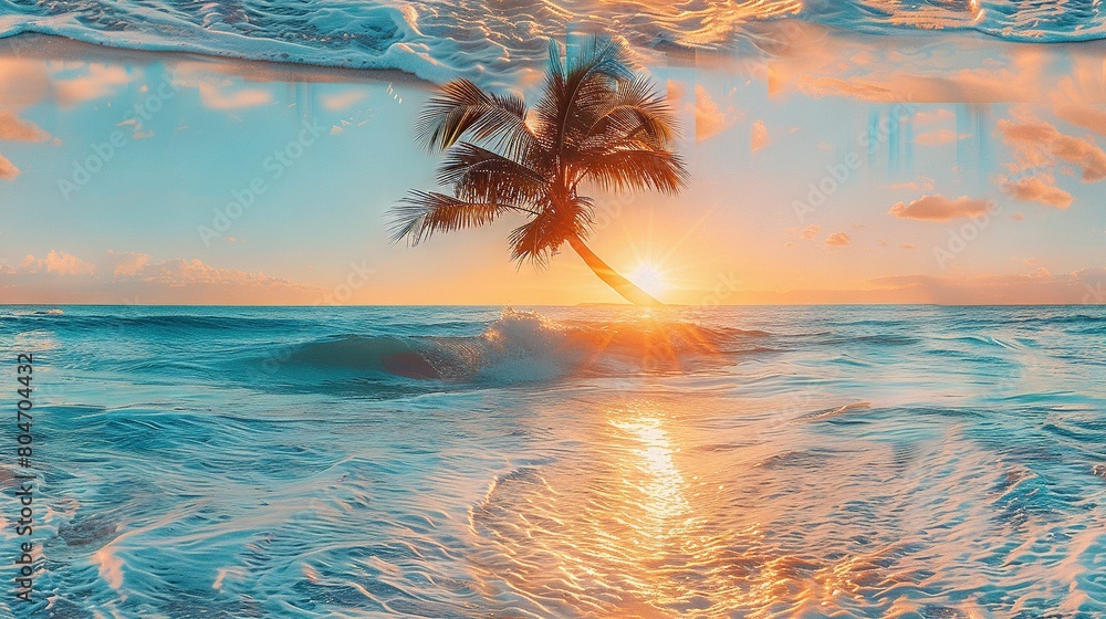 Poster a painting depicts a sunset scene with a palm tree in the foreground and a wave crashing in the back