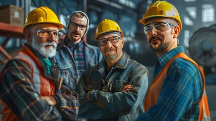 Happy mature engineer and colleagues working in factory