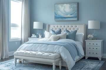 A serene color palette of soft blues and greys creating a tranquil bedroom.