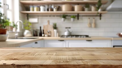 Wooden table top on blur kitchen room background, Modern kitchen room interior