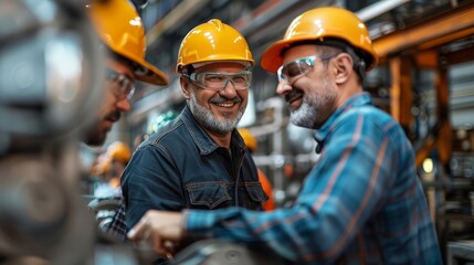 Happy mature engineer and colleagues working in factory