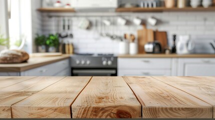 Wooden table top on blur kitchen room background, Modern kitchen room interior