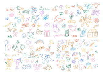 Hand drawn colored set of simple decorative elements. Various icons such as hearts, stars, speech bubbles, arrows.