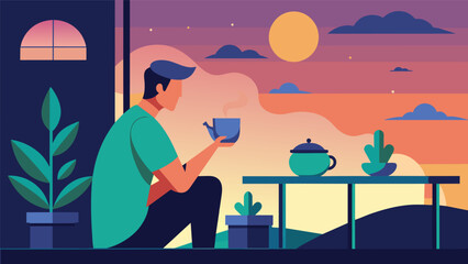 As the sun sets a man sits on his balcony brewing a cup of lemon balm and passionflower tea taking in the soothing sounds of the evening as he.
