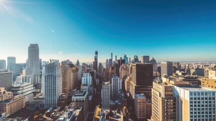 Fototapeta premium Expansive panoramic view of a sprawling cityscape under a clear blue sky, depicting a vibrant urban life and vast architectural diversity