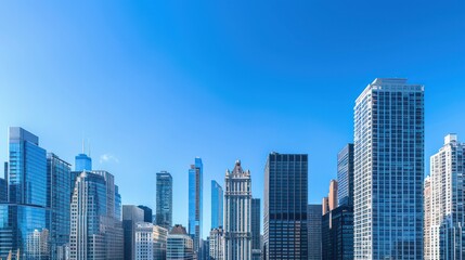 Clear blue sky backdrop sets the stage for a stunning skyline of sleek modern skyscrapers, symbolizing urban growth and architectural innovation