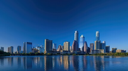 Fototapeta premium A peaceful city skyline at twilight with buildings casting reflections on the calm river surface below, invoking a tranquil urban sundown