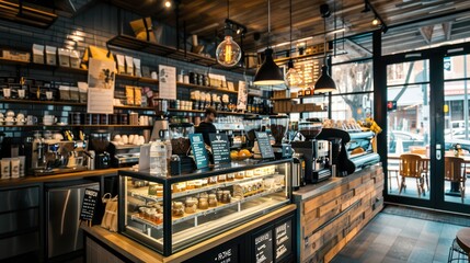 Inside a warm and inviting cafe, fresh pastries are showcased in a glass case among rustic wooden decor and modern lighting