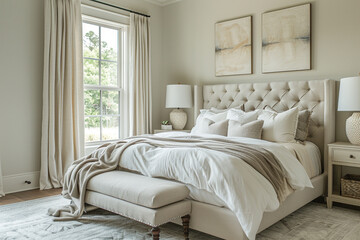 A serene color scheme of soft neutrals creating a calming bedroom retreat.