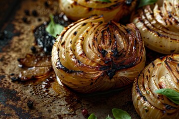 Fototapeta premium Culinary Photography grilled onions on an old grungy metal