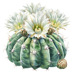 Fototapeta premium A blooming cactus in a white pot with a yellow flower on a white background