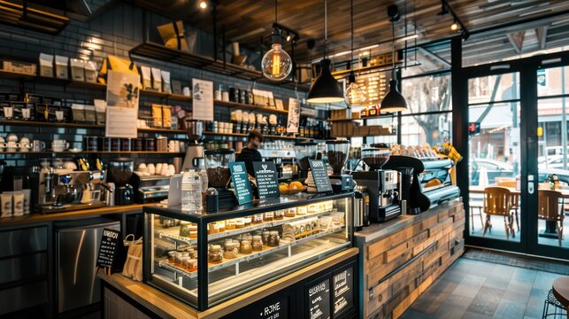 Inside a warm and inviting cafe, fresh pastries are showcased in a glass case among rustic wooden decor and modern lighting - Powered by Adobe