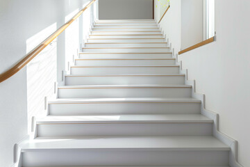 Pearl white stairs with a modern wooden handrail, pristine and elegant home design.
