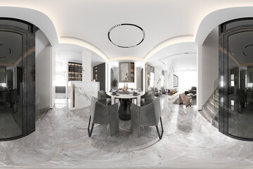 360 degrees view, 3d render of luxury home living and dining room
