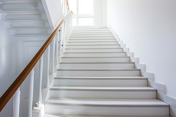 Fototapeta na wymiar Pearl white stairs with a modern wooden handrail, pristine and elegant home design.