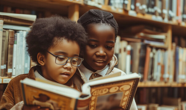 Children's Day.African American children read a book in the library. The concept of education and a happy carefree childhood. - Powered by Adobe