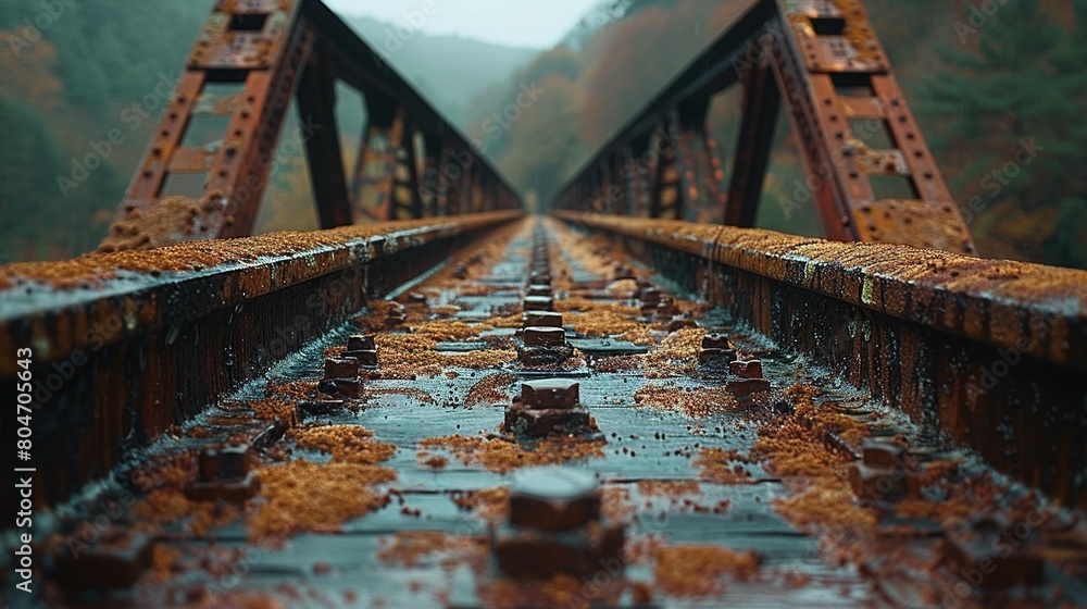 Poster train track with rusted rail bridge, trees in the foreground, and foggy sky in the background