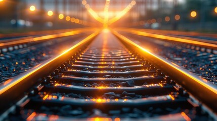   A close-up of a train track with a bright light emanating from the center and a building in the backdrop