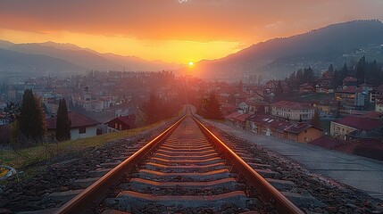   A train track with a distant sunset over a city and mountainous background, with houses in the foreground - Powered by Adobe
