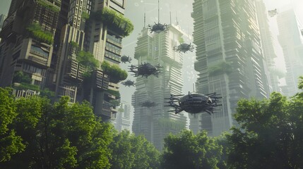 Futuristic city with state-of-the-art drones for transportation