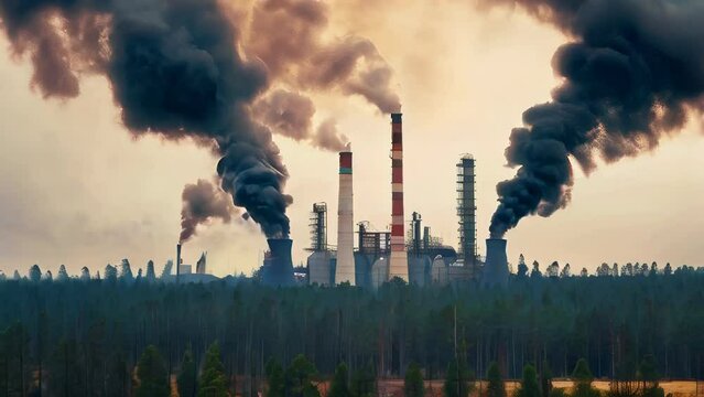 factory smoke covering pine forest double exposure global warming climate change
