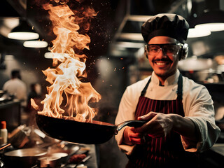 Chef habilidoso prepara comida en sartén con fuego