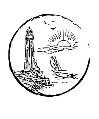 The image is a simple but evocative depiction of the relationship between land and sea. The lighthouse is a symbol of safety and guidance, while the sailboat represents exploration and adventure. The 