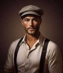 Stylish man in cap and suspenders with a confident expression