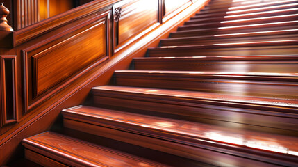 Rich mahogany stairs with a sleek wooden handrail, full perspective view in warm tones.