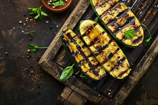 Culinary Photography grilled zuchini on an old grungy metal