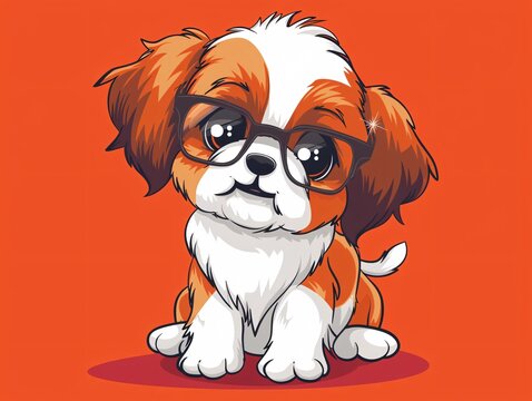 Cute cartoon illustration of an orange and white puppy with big sparkling eyes
