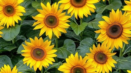 Fototapeta premium A group of sunflowers with green leaves in the foreground and a yellow flower in the background