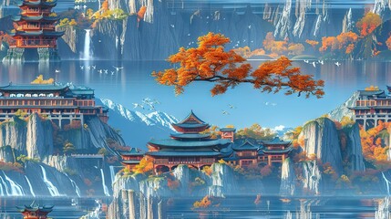   Landscape painting with majestic mountains, lush trees, and a serene body of water featuring a stunning waterfall in the background