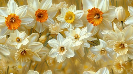  A painting depicts a cluster of white and orange blossoms encircling a central yellow bloom, with smaller white and orange petals surrounding it - Powered by Adobe